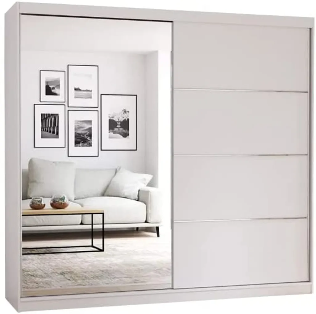 Schiebetürenschrank BEN 42 203x61x218 cm (Weiß)  Eleganter Kleiderschrank mit Schiebetüren, Kleiderschrank mit Spiegel auf der Vorderseite, Schrank, Garderobe, Kleiderschrank mit Einlegeböden und Kleiderstange Einrichtungsgegenstände, klassischer Sti